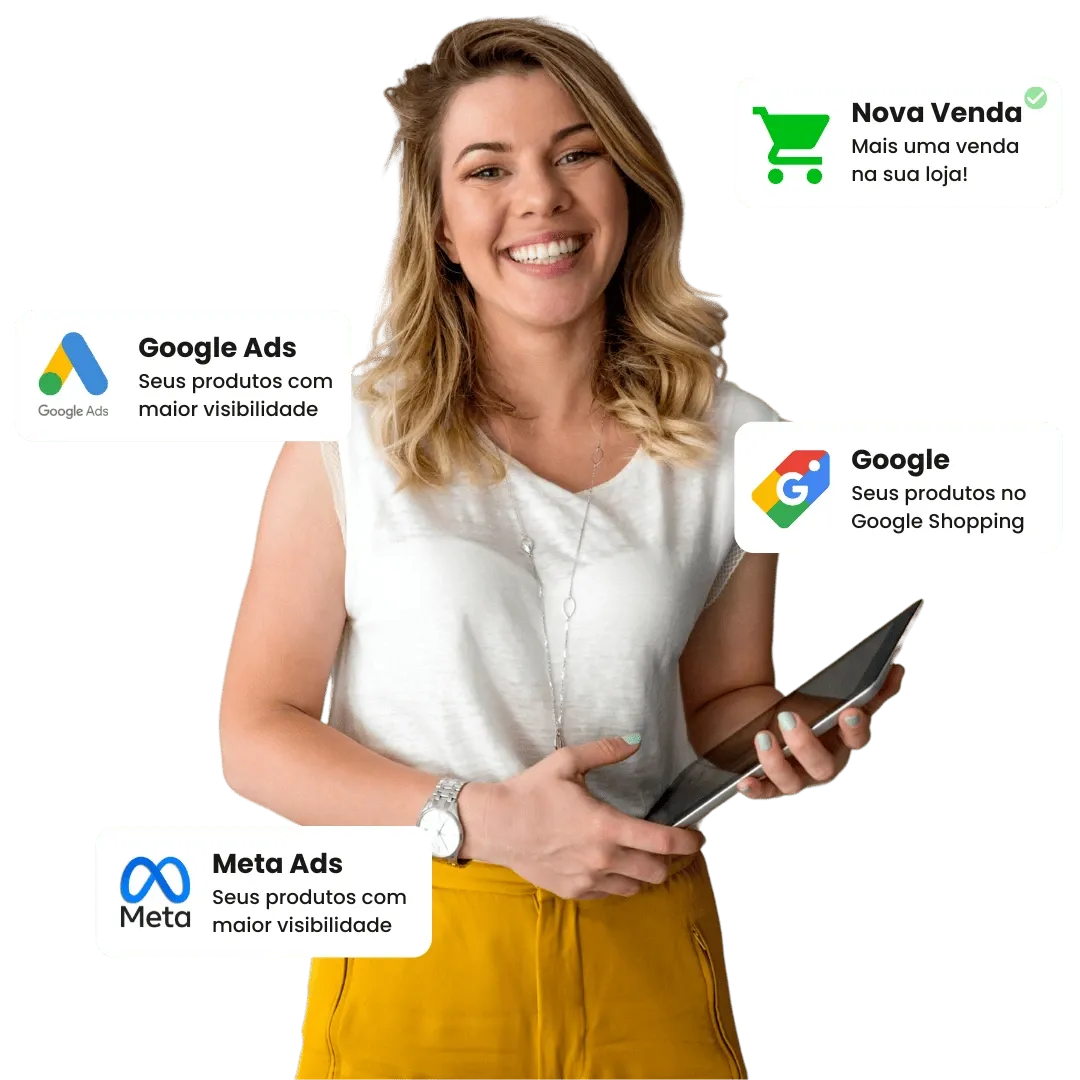 Mulher sorrindo segurando um tablet — atendimento Bluefy