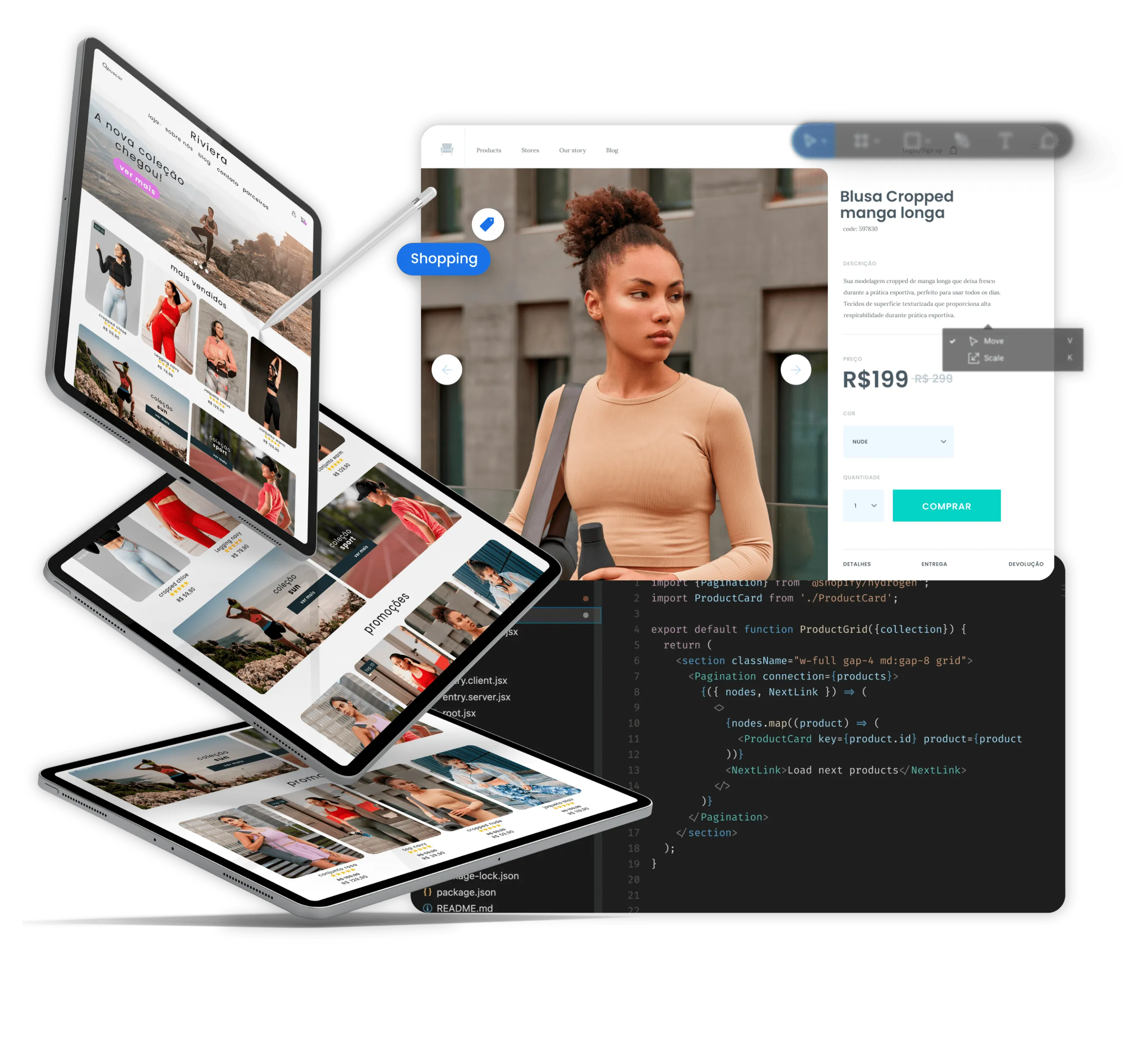 Mockups de desktop, monitor e mobile exibindo um e-commerce de moda desenvolvido pela Bluefy