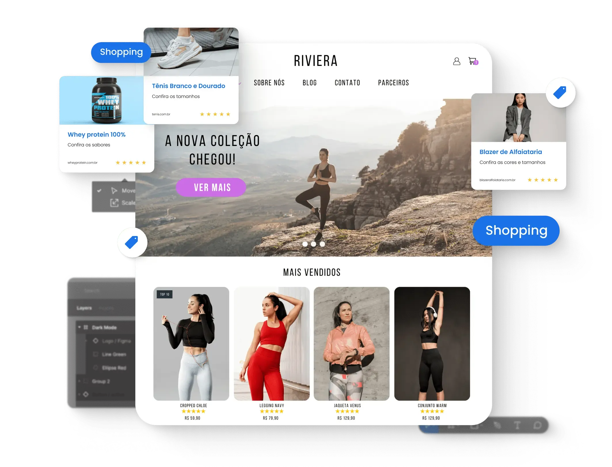 Mockups de e-commerce com cards de produtos exibindo a vitrine Bluefy