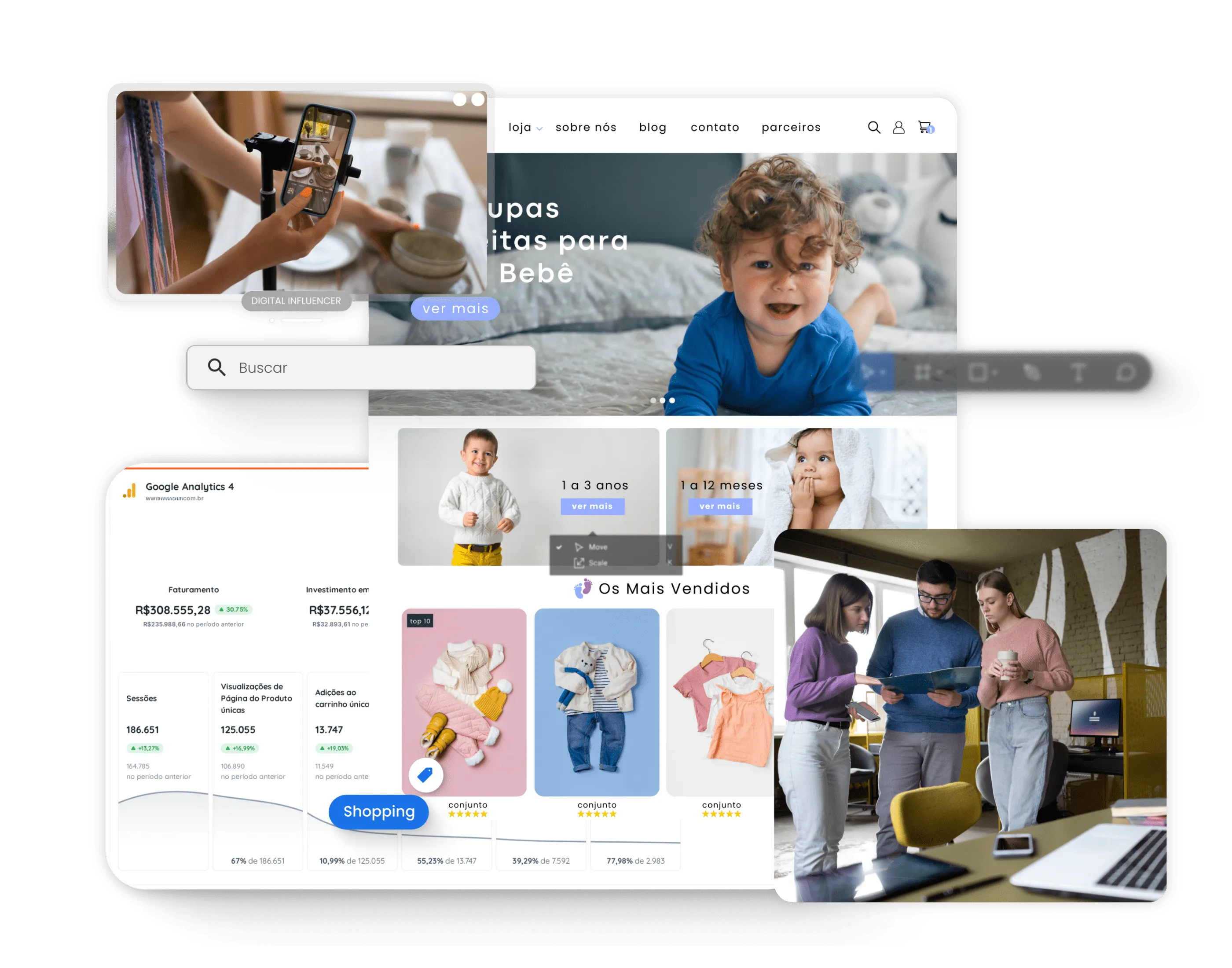 Composição de notebook, monitor e tablet exibindo dashboards e o site de um cliente Bluefy