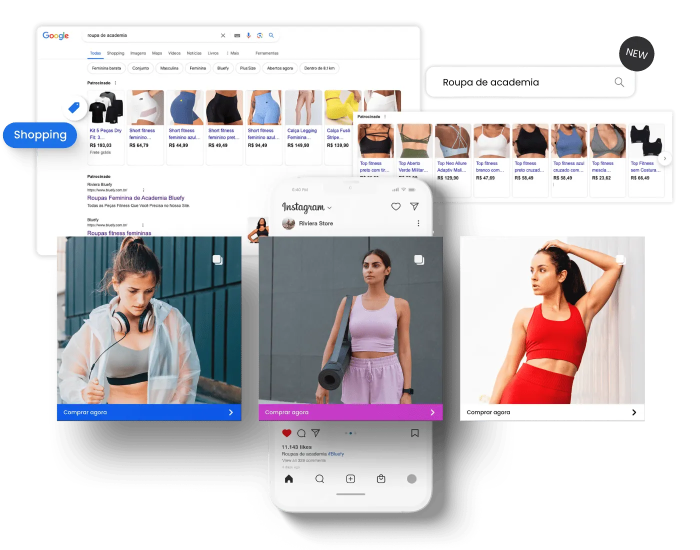 Mosaico de mockups de feed do Instagram, posts patrocinados e tela de celular com app de rede social